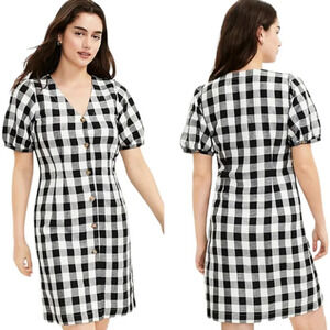 LOFT Gingham Plaid Button V-Neck Dress Black White Puff Sleeves Women's Size 14